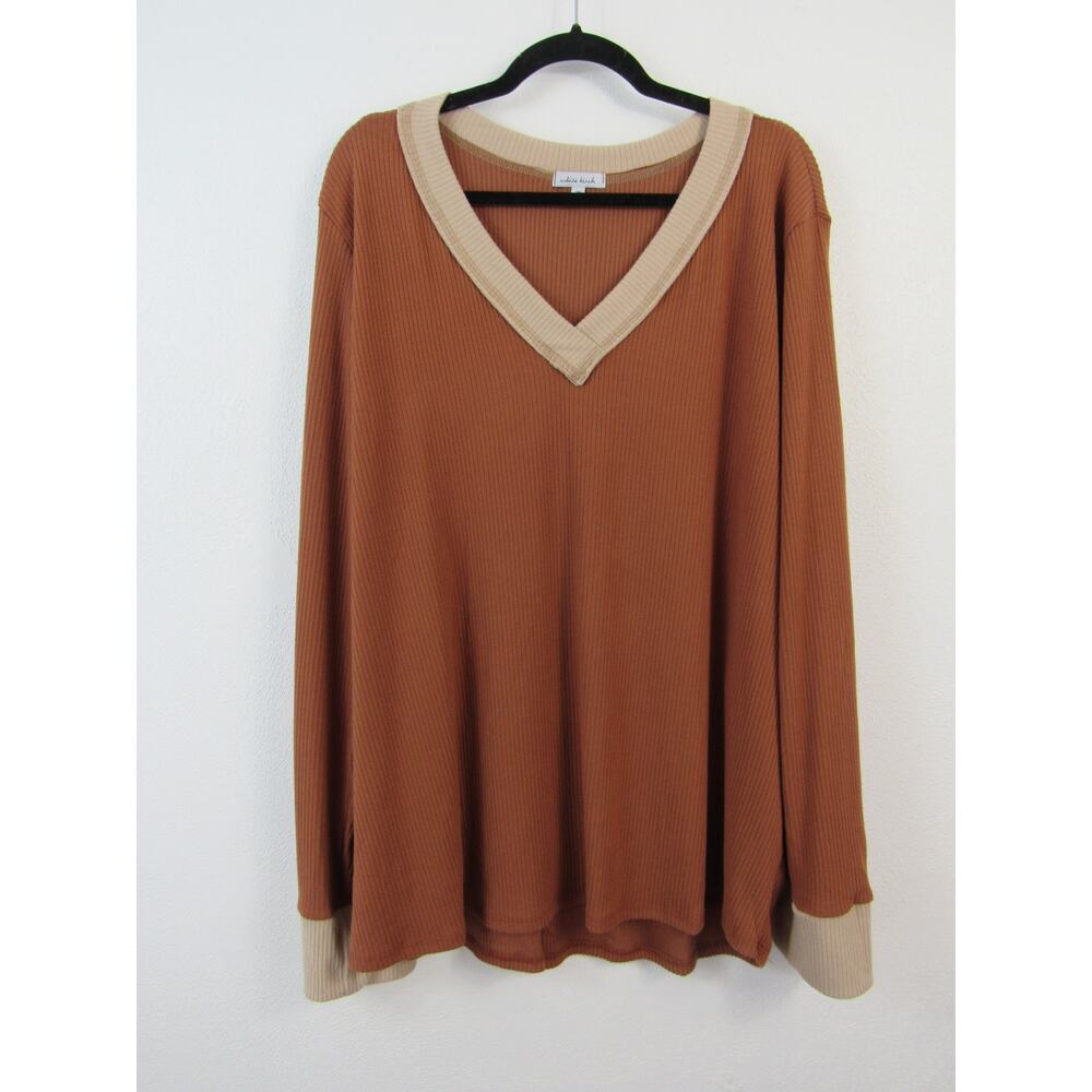 White Birch 2X Burnt Orange Ribbed Knit Long Sleeve Lightweight Sweater V-Neck